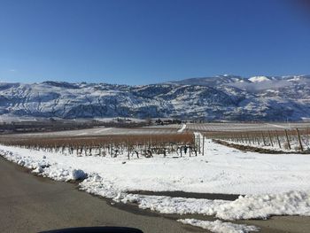 Scenic view of snowcapped mountains against clear sky