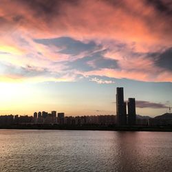 City skyline at sunset
