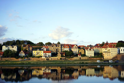 Buildings reflecting on elbe river in city