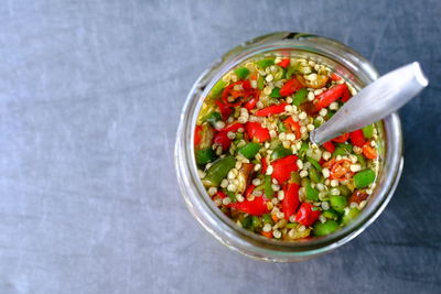 High angle view of salad in bowl on table