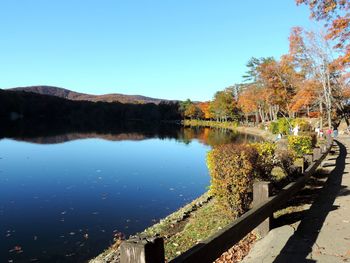 Scenic view of lake against clear sky during autumn