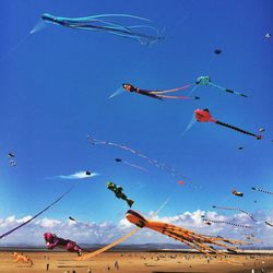 Low angle view of kites flying in blue sky