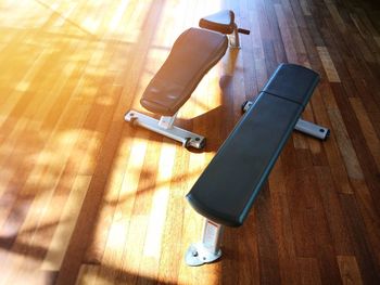 High angle view of exercise equipment in gym