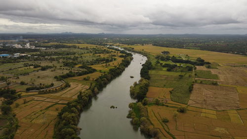 High angle view of land against sky