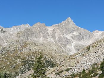 Scenic view of mountains against clear blue sky