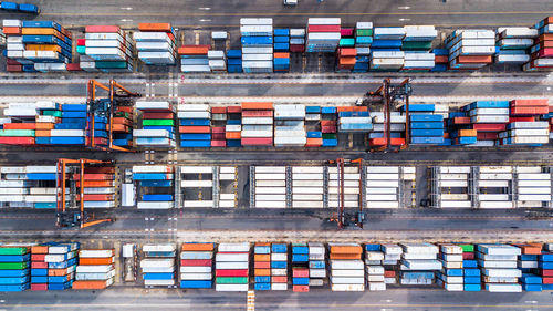 High angle view of container ship at commercial dock