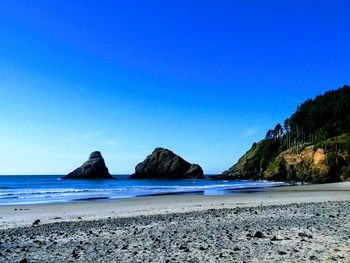 Scenic view of sea against clear blue sky