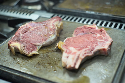 Close-up of meat on barbecue grill