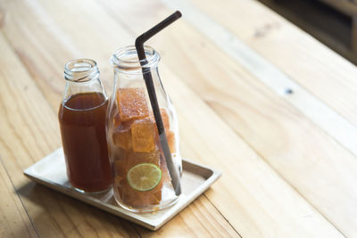 Glass of tea on table