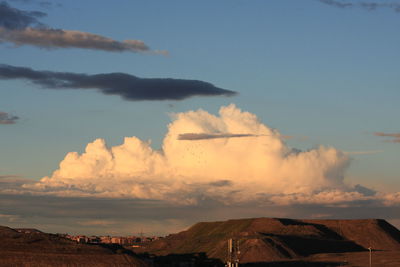 Low angle view of mountain against cloudy sky