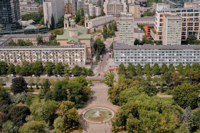 High angle view of buildings in city