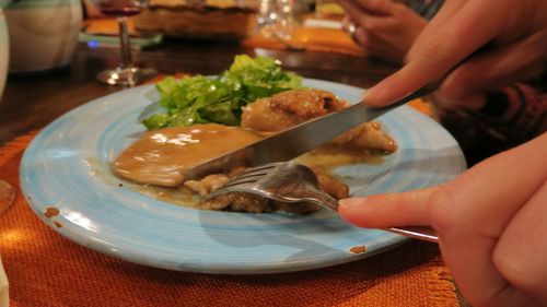 Close-up of man holding food in plate