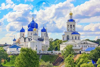 Vibrant panoramic view of famous orthodox church in vladimir region with full moon
