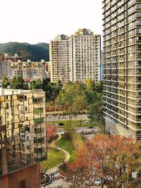 High angle view of buildings against clear sky