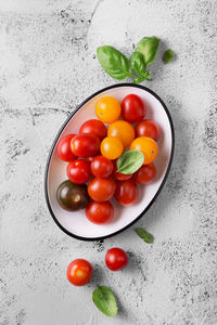 High angle view of tomatoes in bowl on table