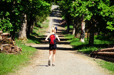 Rear view of woman walking amidst trees in forest