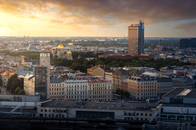 High angle view of cityscape against sky during sunset