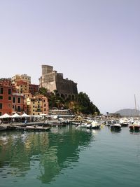 Buildings by river against clear sky