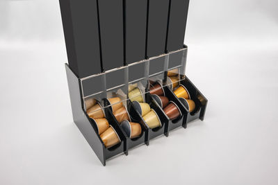 High angle view of chocolate cake on white background