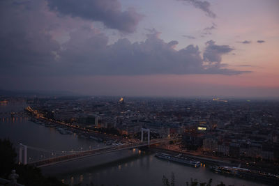 High angle view of illuminated cityscape against sky during sunset