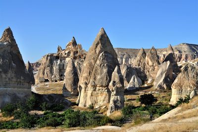 Panoramic view of rock formations against blue sky