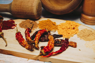 Spices by mortar and pestle on table