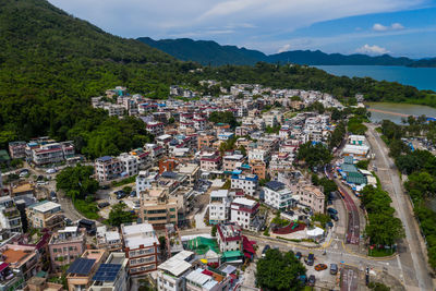 High angle view of townscape against sky