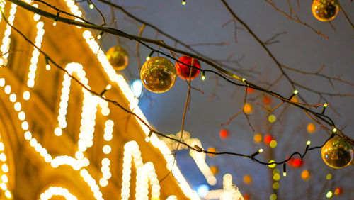 Low angle view of illuminated lanterns hanging on tree