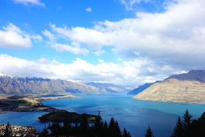 Scenic view of lake and mountains against sky