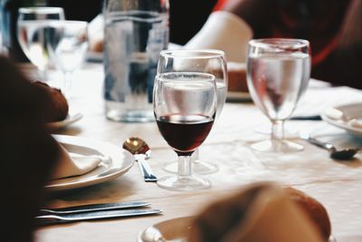 Close-up of wine glasses on table in restaurant