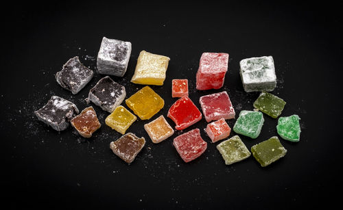 High angle view of food on black background