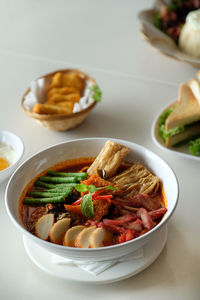 High angle view of food in plate on table