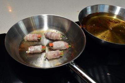 High angle view of food in frying pan at kitchen