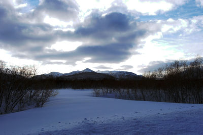 Scenic view of snow covered landscape against sky