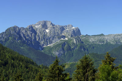 Scenic view of mountains against clear blue sky