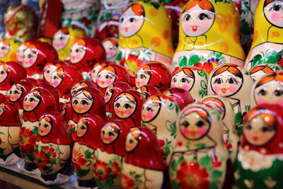 Group of colorful russian matryoshka dolls in tourist shop moscow, russia. nesting dolls. babushka.