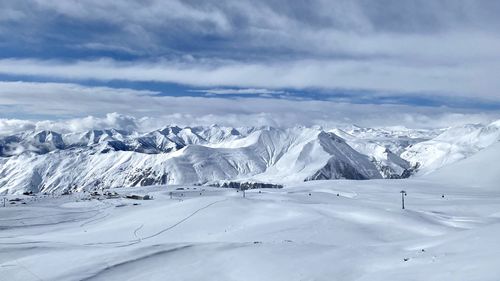 Scenic view of snowcapped mountains against sky