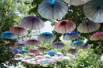 Low angle view of umbrellas hanging against trees