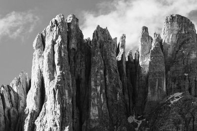 Low angle view of rocks against cloudy sky