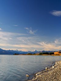 Scenic view of lake against blue sky