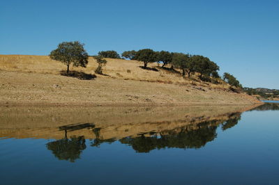 Scenic view of lake against clear blue sky