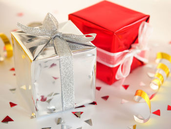 High angle view of christmas presents on table