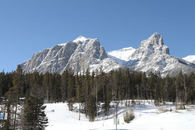 Snowcapped mountains against clear blue sky