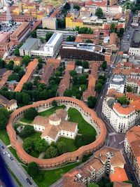 High angle view of buildings in city