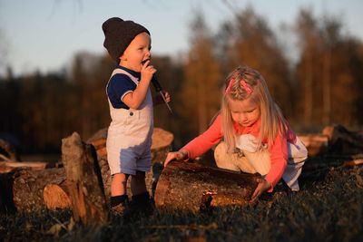 Siblings playing with log on grassy field in forest during sunset