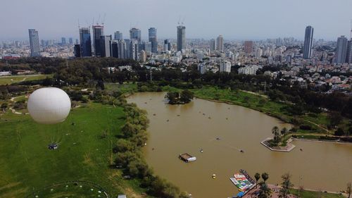 High angle view of city buildings