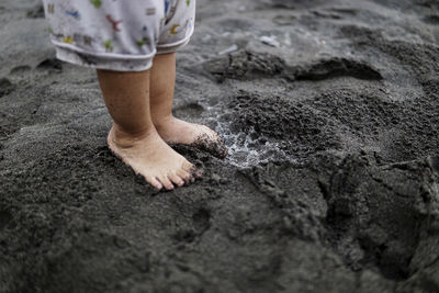 Low section of child standing on beach