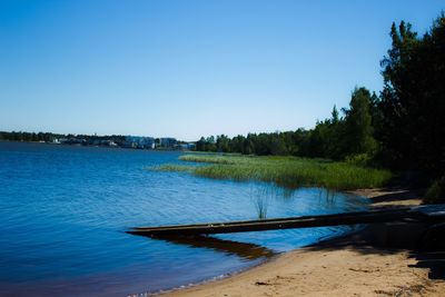 Scenic view of sea against clear blue sky