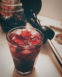 High angle view of drink in glass on table