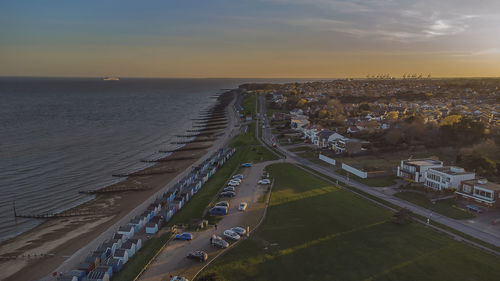 A drone view of the sunset over old felixstowe in suffolk, uk